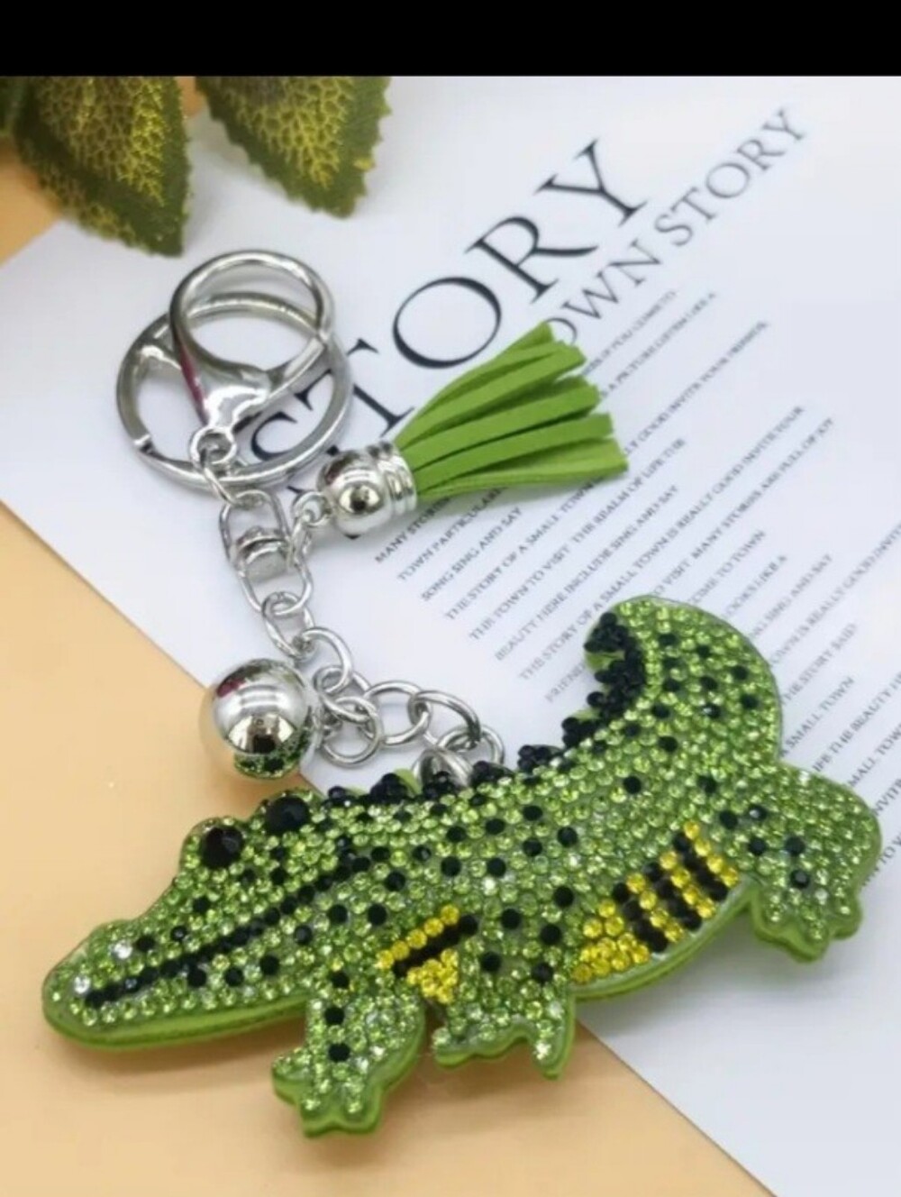 Bling Alligator Crystal Rhinestone Keychain Bag Charm With Green Tassel